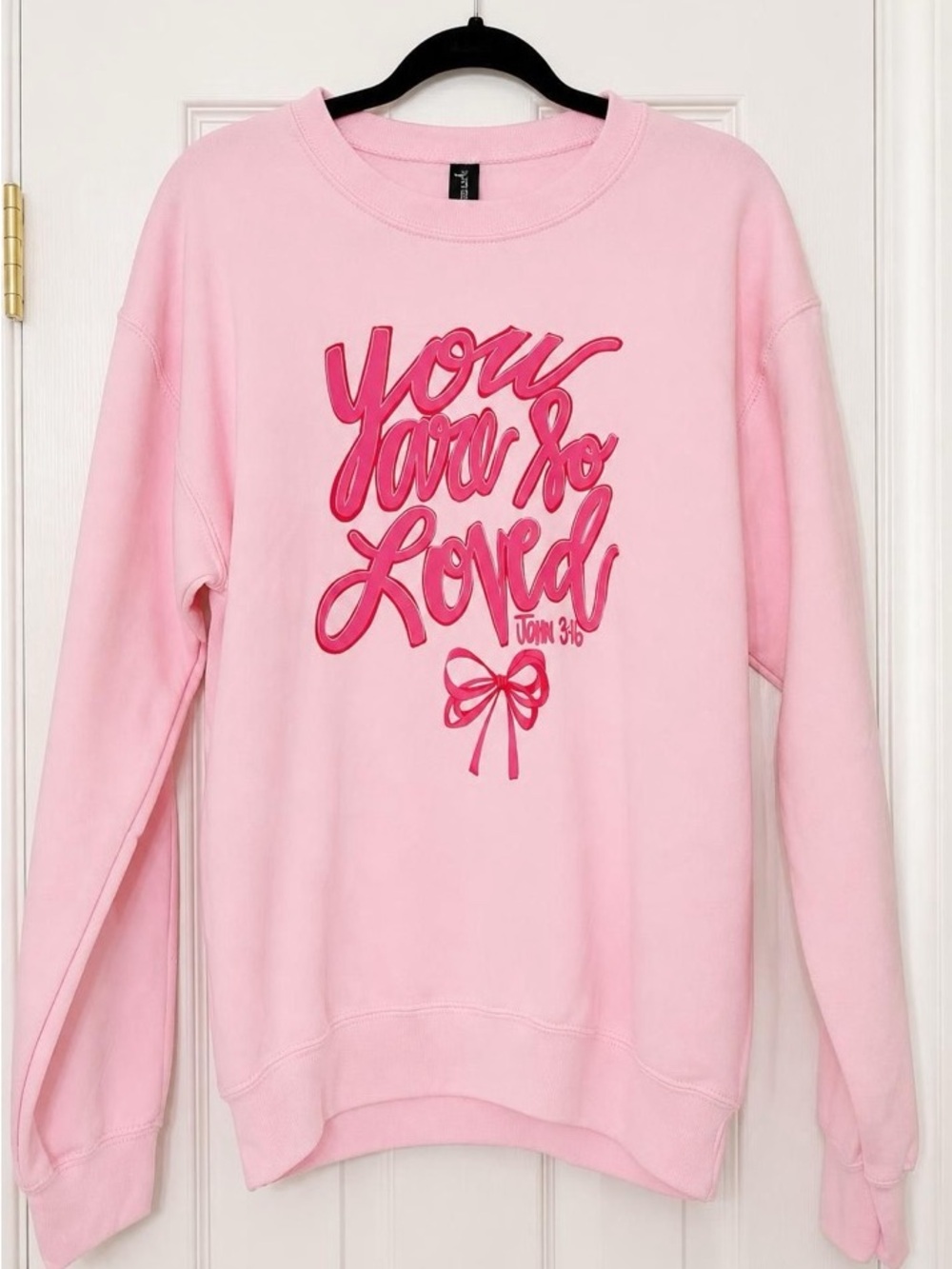 Gildan Pink Crewneck Sweatshirt with Dark Pink Script Graphic